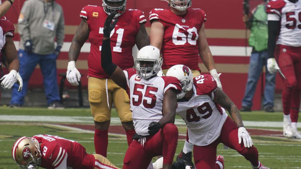 San Francisco 49ers quarterback Jimmy Garoppolo (10) is sacked by Arizona Cardinals linebacker Chandler Jones (55) during the second quarter at Levi's Stadium.